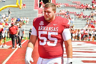 Offensive lineman Beaux Limmer is projected to be the first Arkansas Razorbacks player selected in this weekend’s NFL Draft, with most mock drafts projecting him to be a fourth or fifth round selection.
(NWA Democrat-Gazette/Hank Layton)